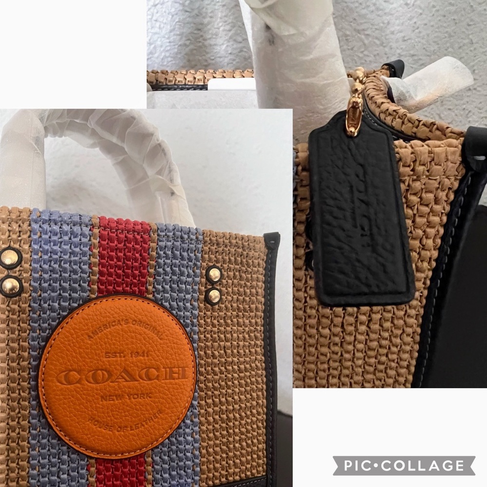NWT COACH CA291 DEMPSEY TOTE 22 WITH COACH PATCH STRAW/LEATHER SHOULDER BAG - Picture 8 of 11